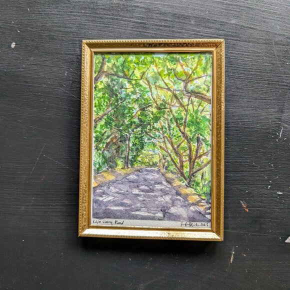 Kapa'a Quarry Road II- Sun Dappled Shady Trees Original Watercolor Brass Frame - Picture 4 of 5